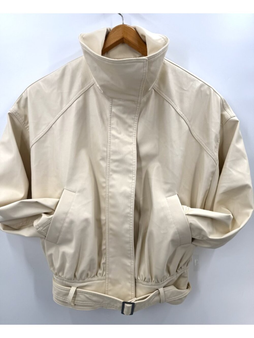 NWT ZARA Faux Leather Beige Light Yellow Tan Bomber Jacket Zip Coat Pockets Sz M